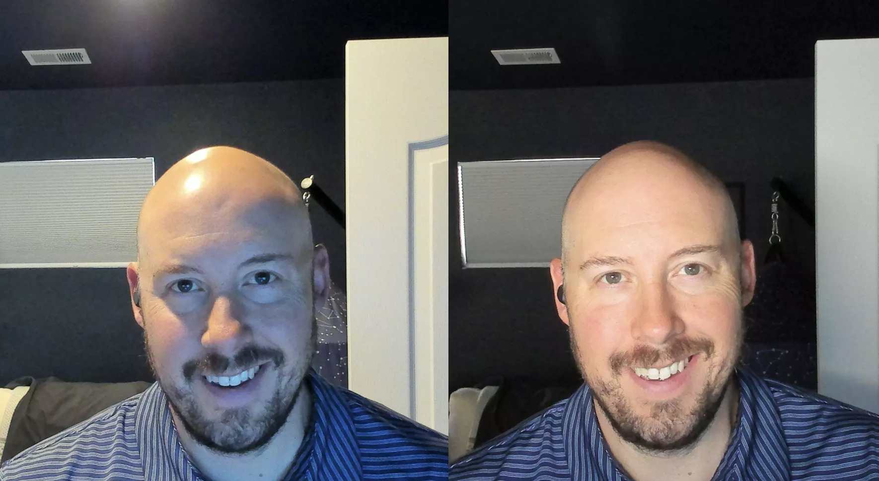 Jason Morales, principal customer success account manager at Microsoft demonstrates before (left) and after adding the Brightline ZELo desktop light. (Image credit: Brightline)